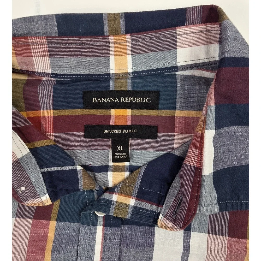 Banana Republic Untucked Slim Fit Blue Plaid Long Sleeve Men's Size XL